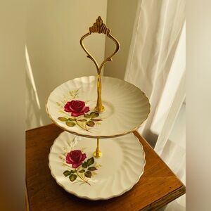 Vintage Two-Tier Rose Ceramic Serving Stand - Gold Trim